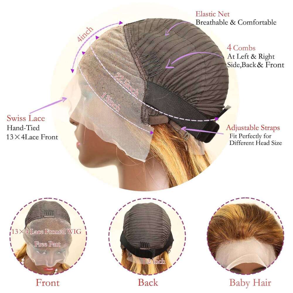 100% 13x4 Human Hair Lace Frontal Wig Brown Blonde Color Ready Wear Bob Wigs 200%Density For Women