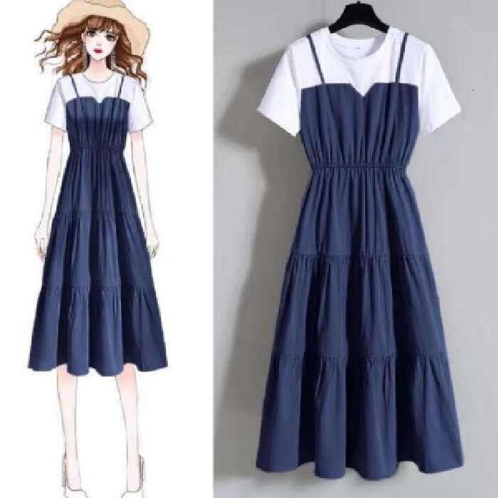 2025 Summer Plus Size Women's Fashion Strap Fake Two-Piece Long Chubby Sisters, Waist-Cinching French Short Sleeve Dress for Women