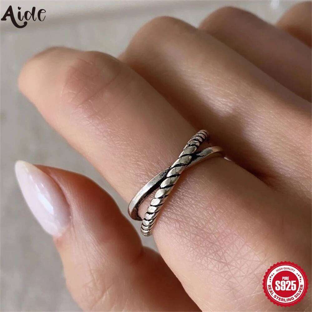 Aide S925 Sterling Silver Rings New Fashion Cross Twist Rope Solid Argentum INS Hot Handmake Finger Ring Jewelry for Men Women