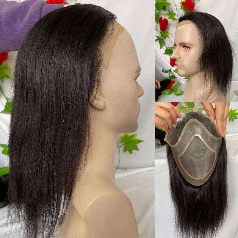 Long for 12inch 10x8 Hairpieces Human Hair Mens Toupee Mono Net With PU around Natural Black Color Men Wig