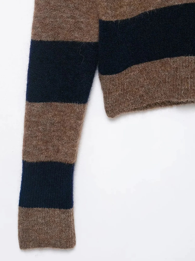 Womens Contrast Striped Knit Cardigan Autumn And Winter Loose Short Sweater Coat Color Matching 251229