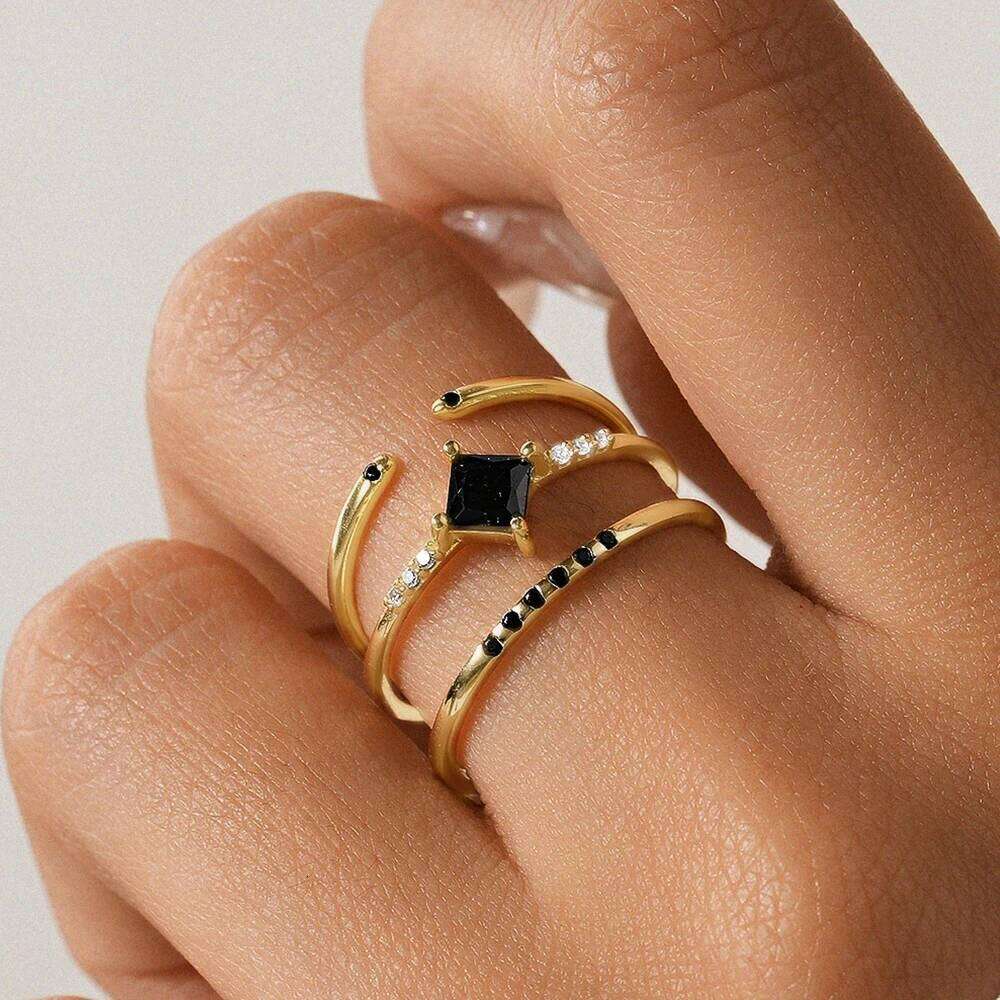 Aide 925 Sterling Silver 3pcs Set Simple Circle Adjustable Ring For Women Minimalist Black Zircon K Gold Fine Jewelry Party Gift