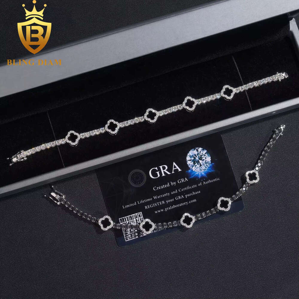 Fashion Black Clover Tennis Chain 925 Silver 3mm VVS Moissanite Pass Diamond test Hip Hop Bracelet