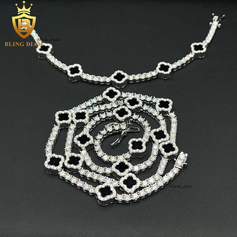 VVS Moissanite Little Black Clover 3mm New Design 925 Silver VVS Silicon Stone Tester Tennis Bracelet Necklace