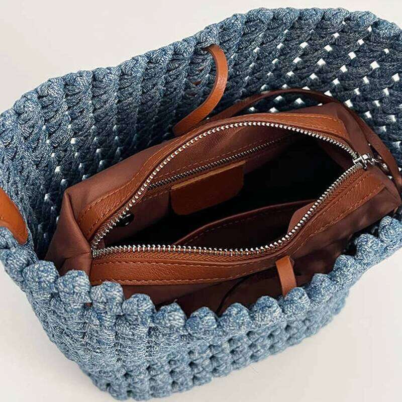 Hand-Woven Denim Bucket New Niche Design Large Capacity Cowhide Shoulder Strap Vintage Women's One-Shoulder Tote Bag Suotong251222