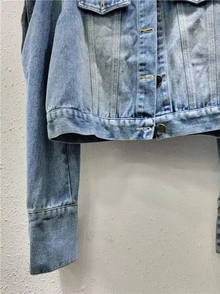 DEAT Trendy Womens Ruffled Edge Offshoulder n Denim Coat Autumn Fashion Lapel Long Sleeve Jacket Female 33A1708 251229