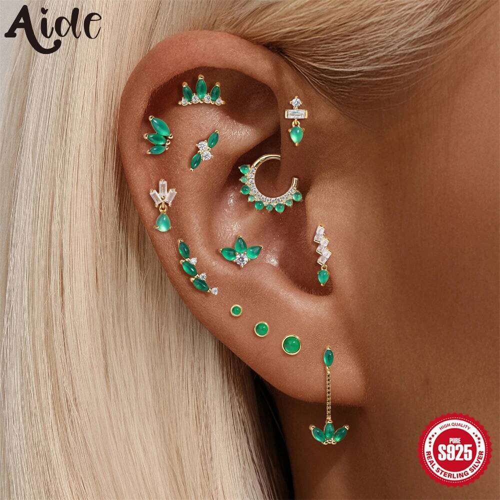 Aide 1Piece 925 Sterling Silver Green Chalcedony Piercing Earrings For Women Mix And Match Zircon Ear Stud Jewelry Pendientes