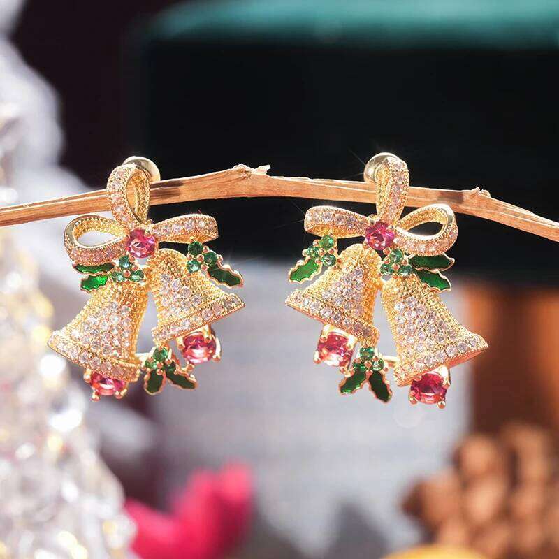 Huitan Gorgeous Bell Stud Earrings Women for Merry Christmas Full Bling Iced Out Cubic Zirconia Unique Trendy Jewelry