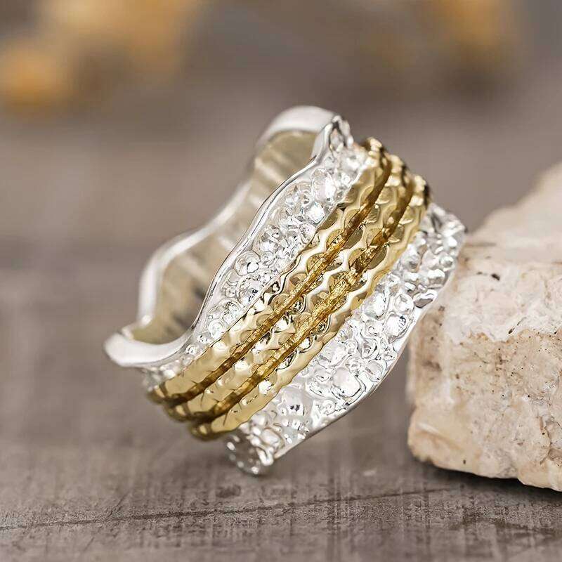 Huitan Irregular Shaped Two Tone Finger for Women Textured Design Modern Fashionable Female Rings New Trendy Jewelry 2026