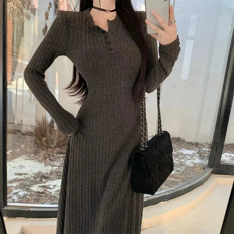 Smvp Elegant Slim High Waist Knit Dresses Women Autumn Winter Long Sleeve Thick Warm Dress Vintage Streetwear Vestidos 251231