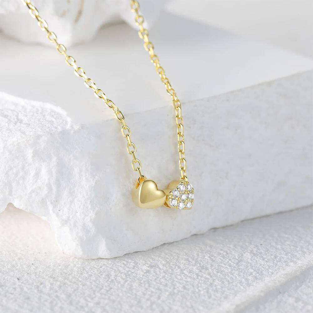 Aide 925 Sterling Silver Cute Smooth CZ Zircon Double Hearts Charm Necklaces For Women Clavicle Choker Valentine's gift for her