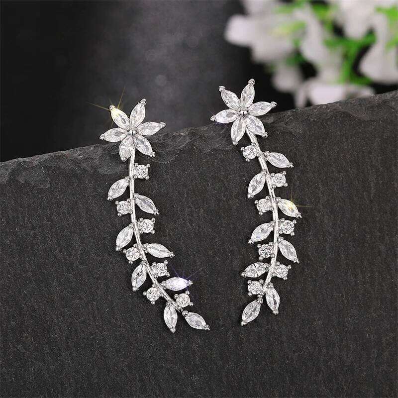 Huitan Aesthetic Flower Stud Climb Earrings Exquisite Women's Ear Accessories with Dazzling CZ New Fashion Jewelry