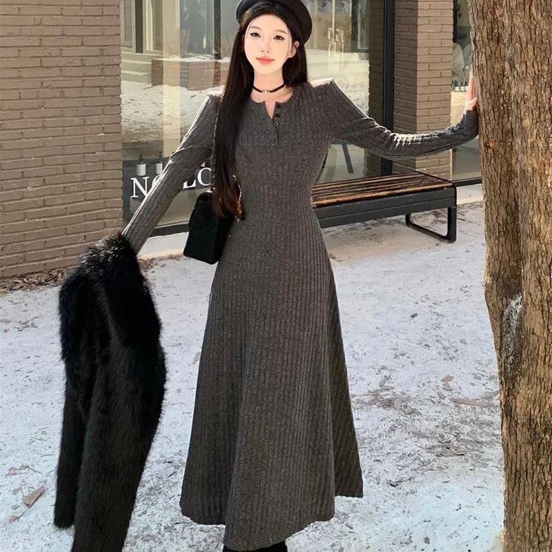 Smvp Elegant Slim High Waist Knit Dresses Women Autumn Winter Long Sleeve Thick Warm Dress Vintage Streetwear Vestidos 251231