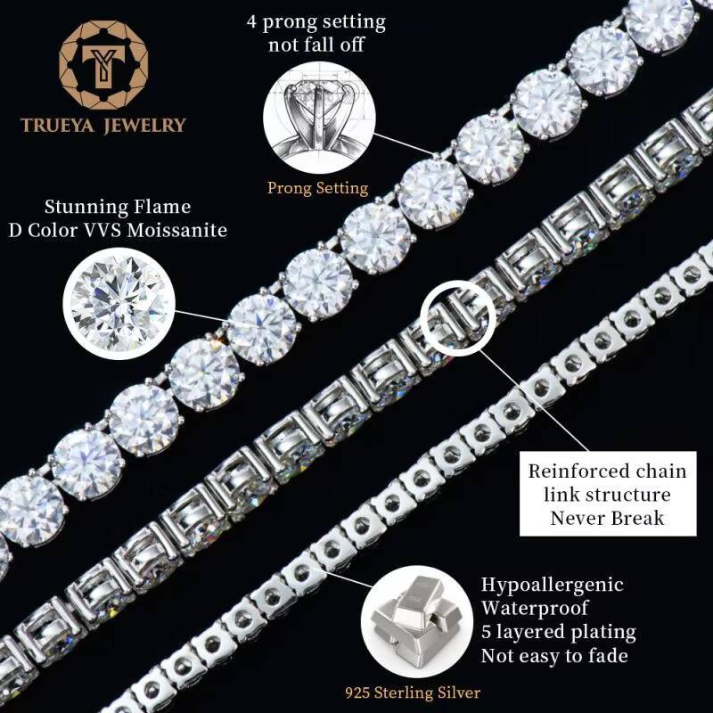 Shiny Diamond White Gold Sterling Silver Round Brilliant 2-6mm Moissanite Tennis Bracelet Iced Out Tennis Chain for Man Women