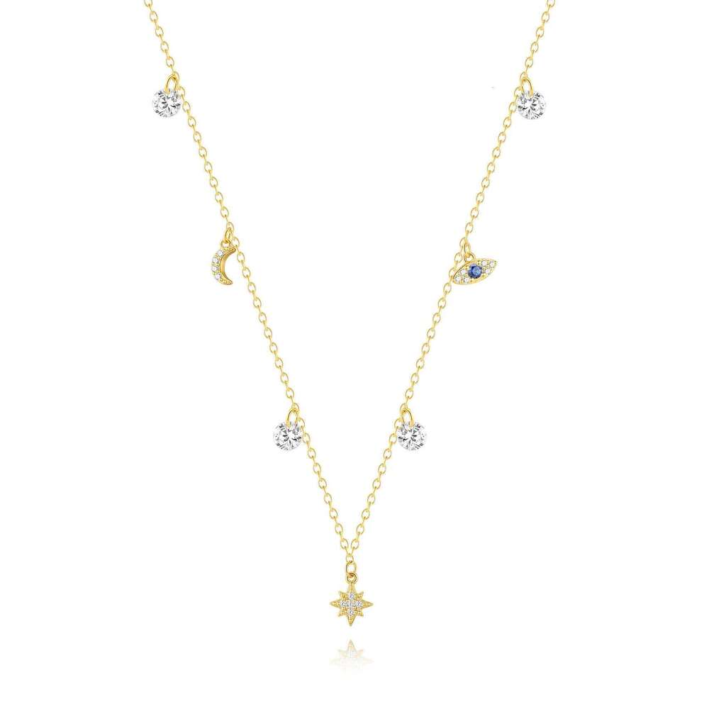 Aide S925 Sterling Silver Classic Star & Moon Women's Clavicle Necklaces Blue Eye Zircon Dangle Dainty Chokers Chain Jewelry
