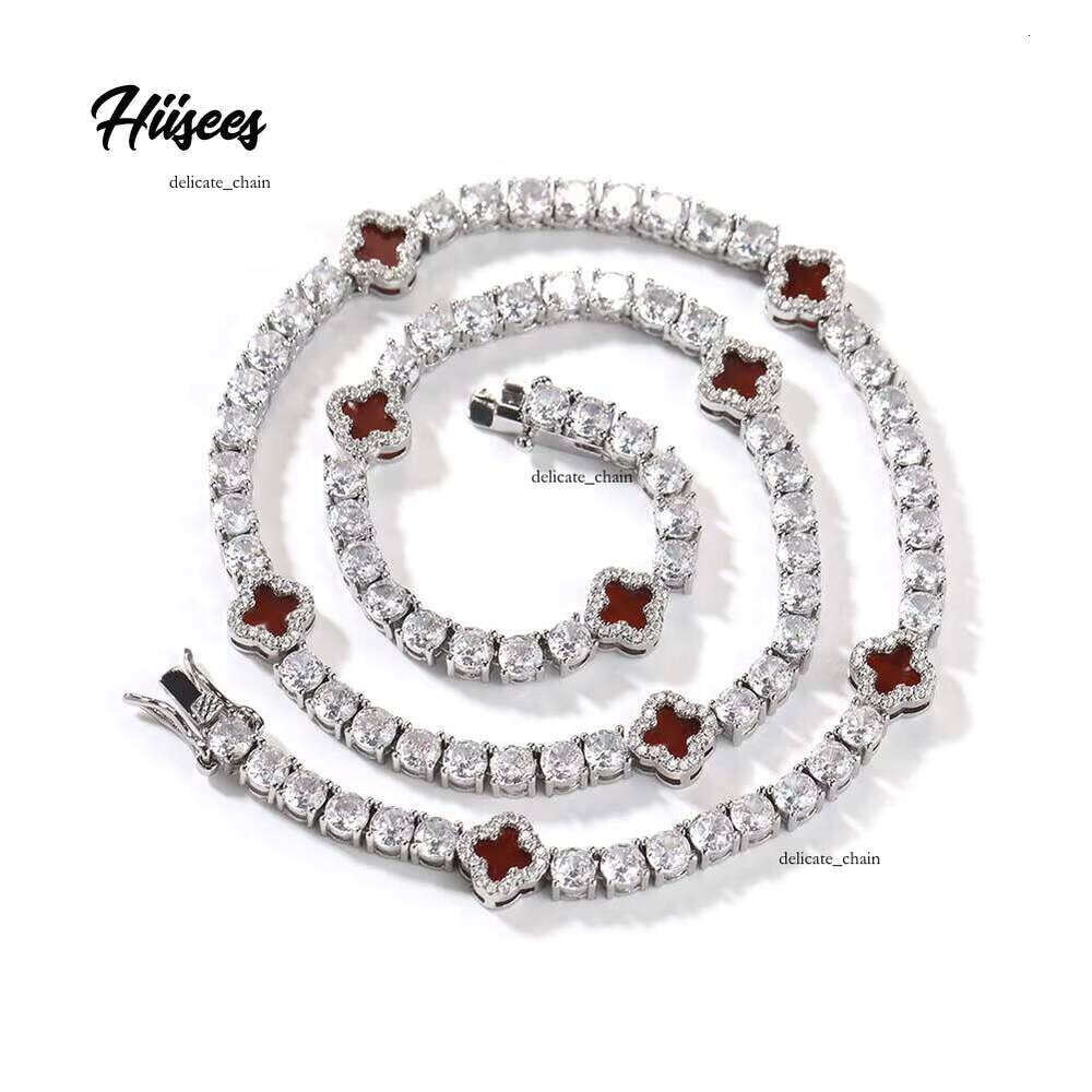 VVS Moissanite Four-leaf Clover Necklace 3mm 4mm Platinum Plated Straight Tennis Chain Unisex Jewelry