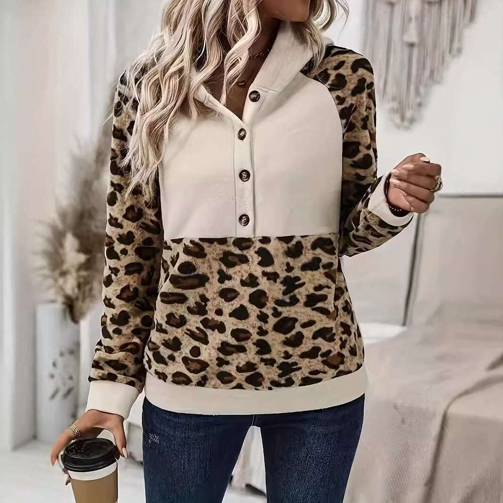 2026 New European and American Cross-Border Leopard Print Patchwork Hooded Long Sleeve Sweatshirt Versatile Slim Fit Top