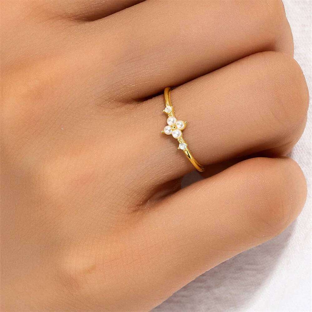 Aide 925 Sterling Silver Simple Clear Zircon Band for Women Stackable Finger Opening Rings Fine Jewelry Adjustable Pearl Ring