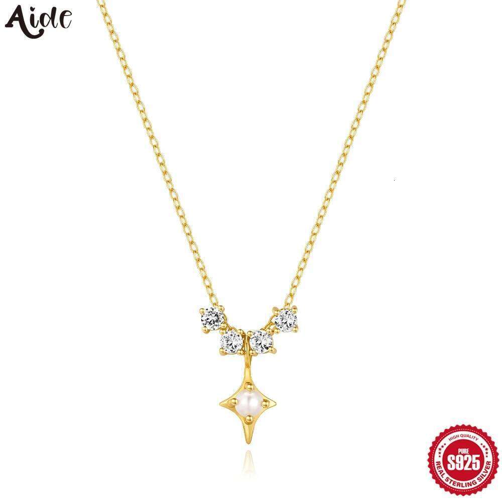 Aide 925 Sterling Silver Fashion Four-Pointed Star Simple Chain Pearl Zircon Pendant Necklace Party Wedding Necks Jewel