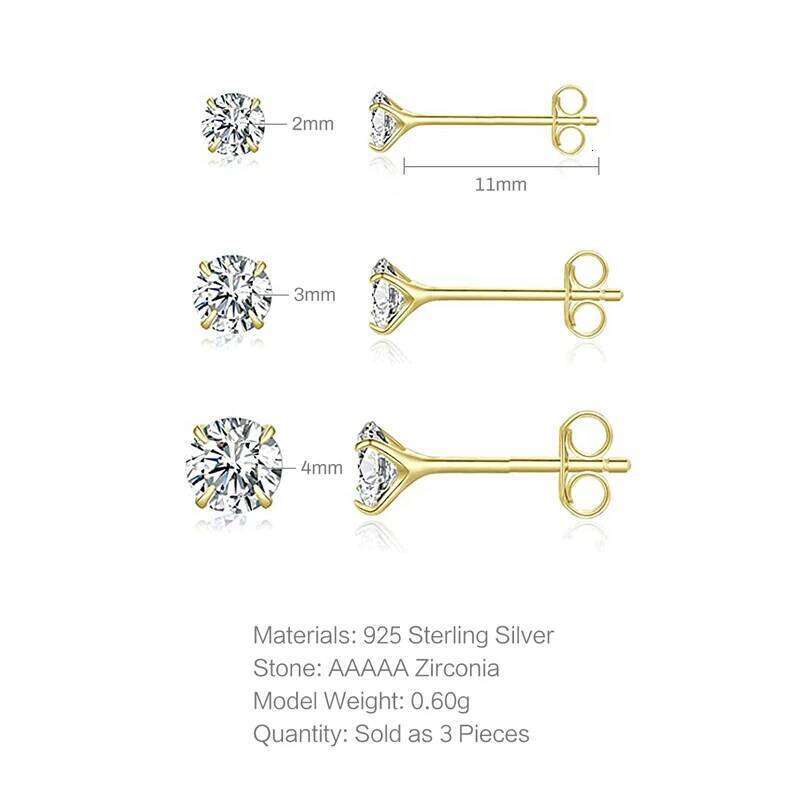 Aide Real 925 Sterling Silver Earring Stud Cartilage Piercing Jewelry 3PCS 2/3/4mm Set Handmake DIY Tiny Earrings for Women