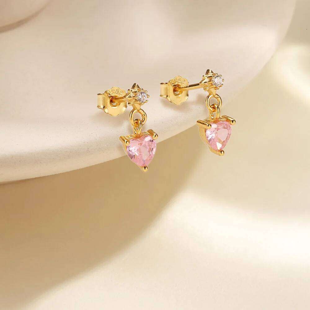 Aide 925 Sterling Silver Six-Pointed Star Zircon Pink Heart Pendant Earrings for Women Dangle Stud Valentine's Day Jewelry