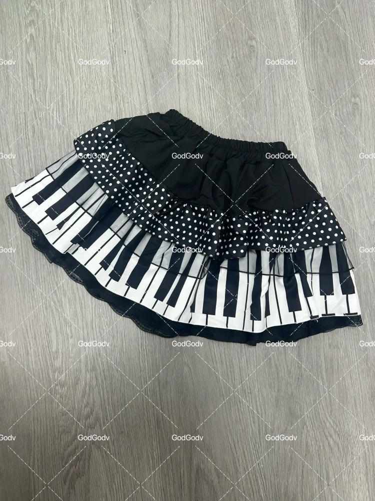 American Vintage Black White Piano Keys Skirts Y2k Slim Waist Ruched Aline Skirt Women Summer Korea Style Chic Mujer 251231