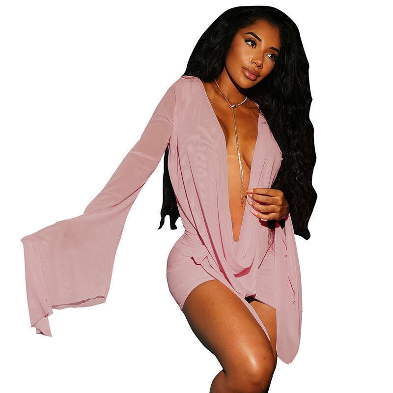 D25DS222 European and American Cross-Border New Women's Fashion Mesh Swing Collar Long Backless A-Line Short Sleeve Dress for Women