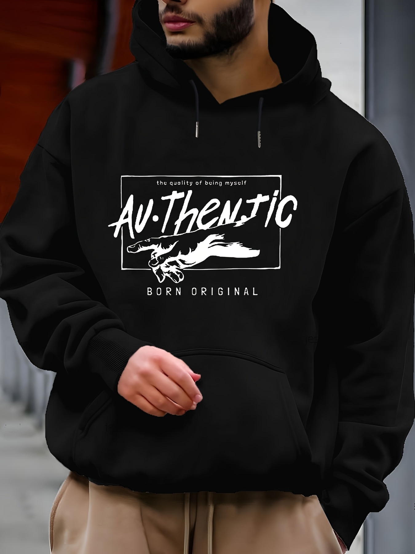 Polyester Men'S Hooded Sweatshirt, Casual Long Sleeve, Regular Length, Stretch Fabric, Print Pattern, Pullovers Placket, Pocket, Knit Fabric 220g