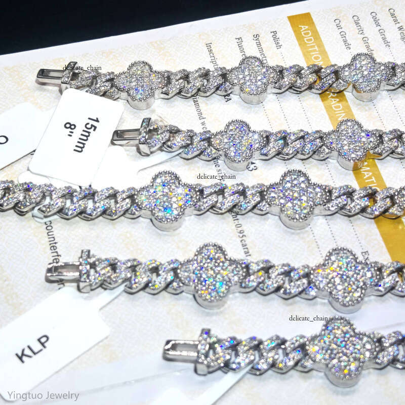VVS Moissanite S925 Silver D VVS Hip Hop Silicon Stone Iced Four-Leaf Clover Cuban Chain Bracelet