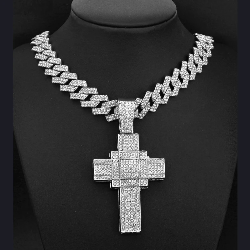Men Women Hip Hop Big Dollar Sign Cross Pendant With 15mm Rhombus Cuban Chain Iced Out Bling Necklaces Fashion Charm Jewelry 251230