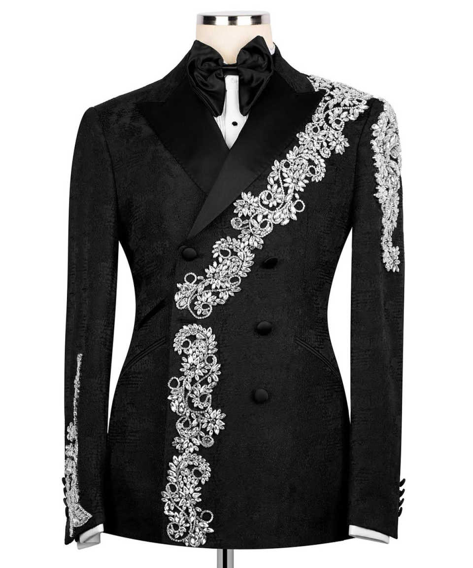 Handsome Jacquard Men Suits Double Breasted Peaked Lapel Jacket Blazers Crystals 2 Pieces Customized Formal Party Wear