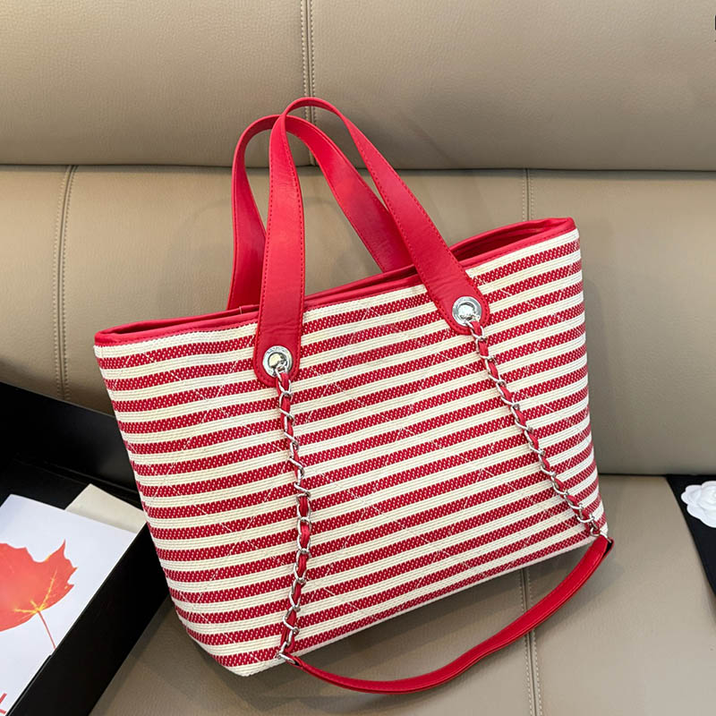 Women Designer Two-Tone Stripes Shopping Bag with Leather Handle Silver Hardware Diamond Lattice Matelasse Chain Leisure Tote Underarm Shoulder Handbag 34cm