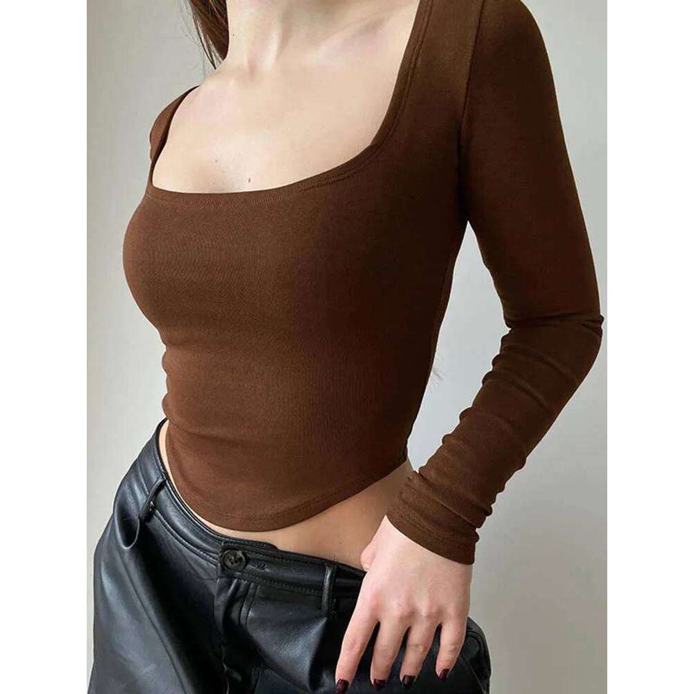 2024 Square Collar Long Sleeve Casual Women T Shirts Green Autumn Skinny Sexy Solid Basic Crop Tops Fashion Streetwear