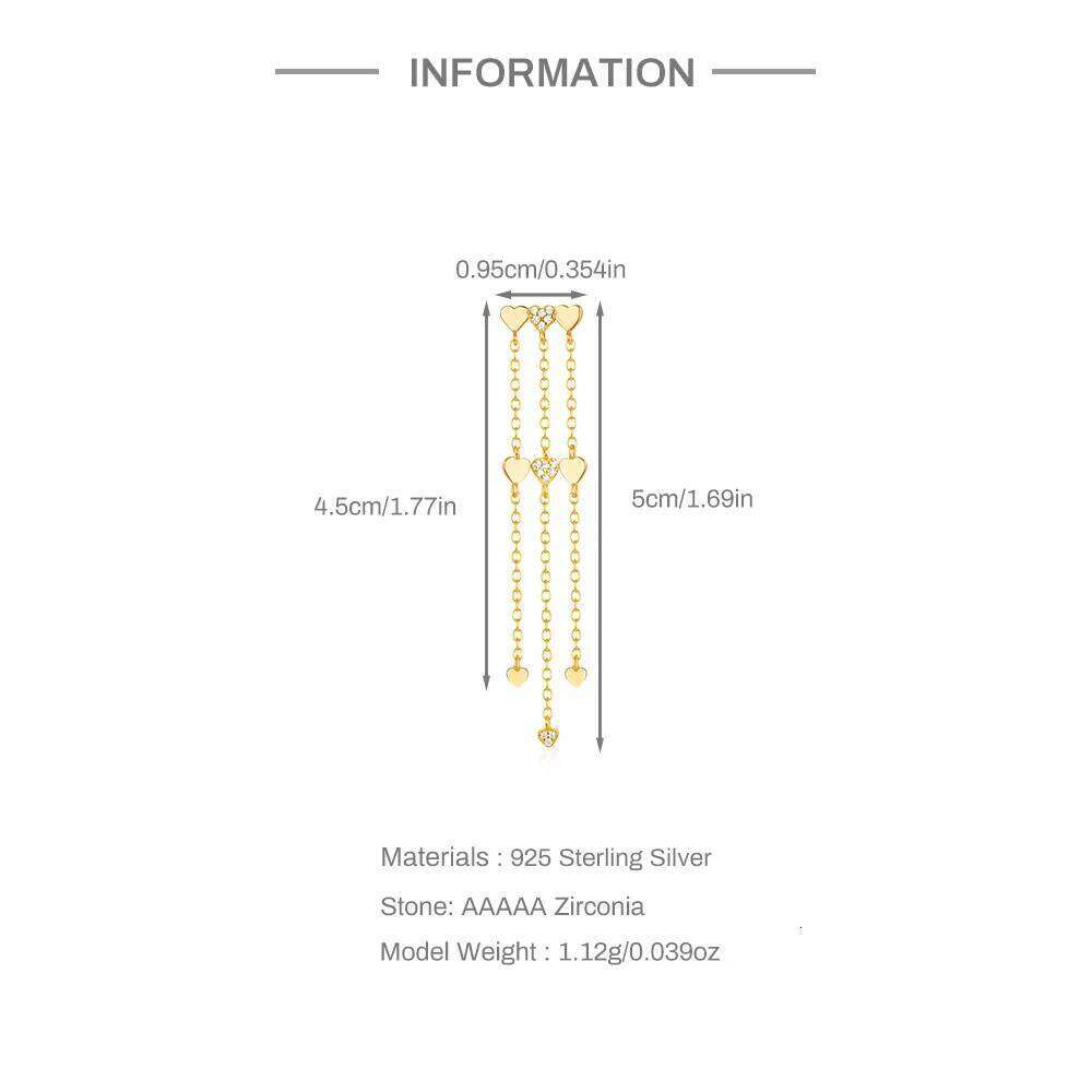 Aide 1pc 925 Sterling Silver Genuine Three Golden Love Heart Long Chain Drop Earring for Women Korean Ear Line Jewel