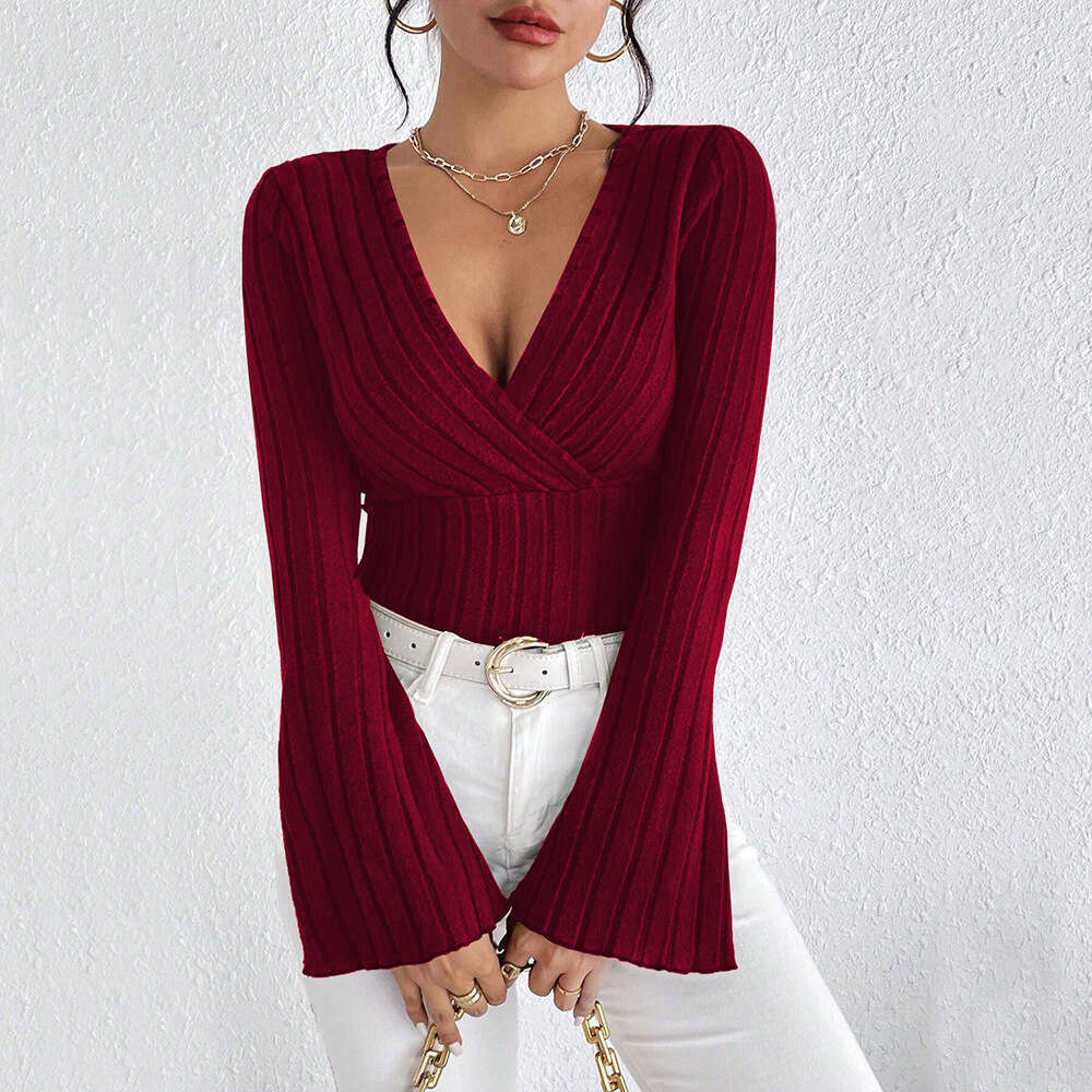 2026 New Cross-Border Women's European and American V-Neck Flared Sleeve Burgundy T-Shirt Autumn Winter Slim Fit Base Shirt Top