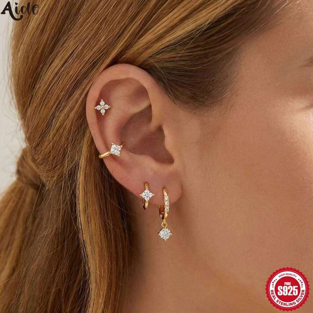 Aide Shiny Zircon Minimalism 925 Sterling Silver For Women Ins Lucky Flower Round Huggies Earrings Fine Jewelry Gift