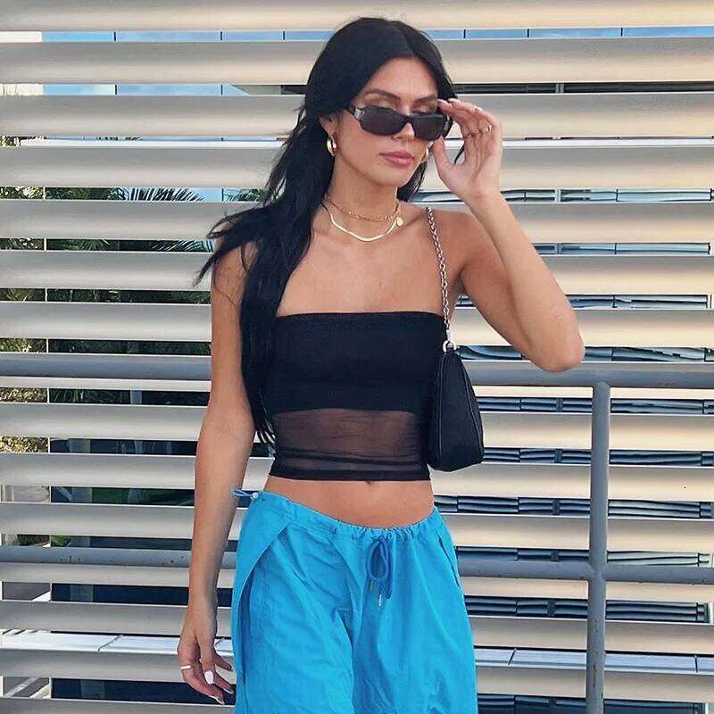 Mesh Corset Black Crop Women Patchwork Tube Top Sexy Sleeveless Off Shoulder Cami Summer Streetwear Slim Strapless Tank Tops