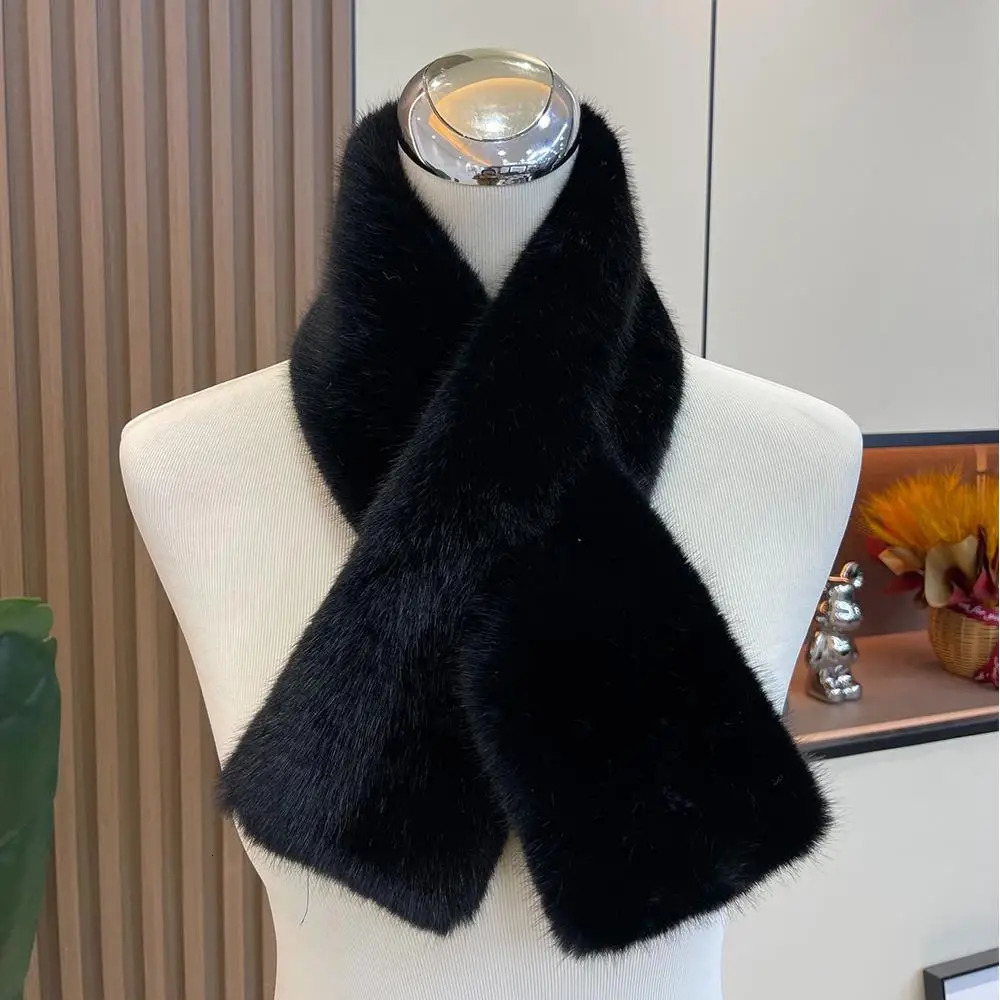 Korean Women Winter Warm Thicken Cross Collar Scarf Imitation Faux Rabbit Fur Scarf Solid Furry Neck Warmer Cold Proof Scarves 251225
