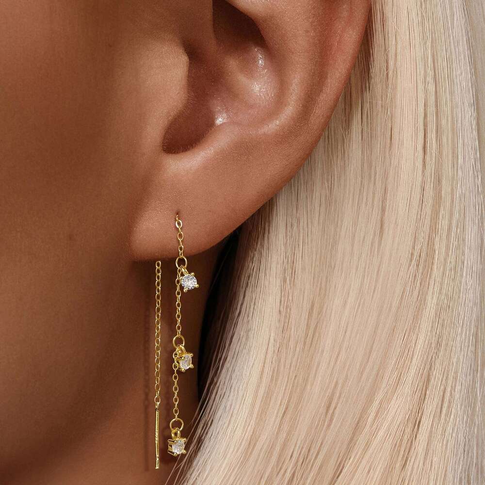 Aide 925 Sterling Silver 18K Gold Color Wire Tassel Chain Bling Zircon Pendants Earrings Hanging Female Stud Jewelry Pendientes