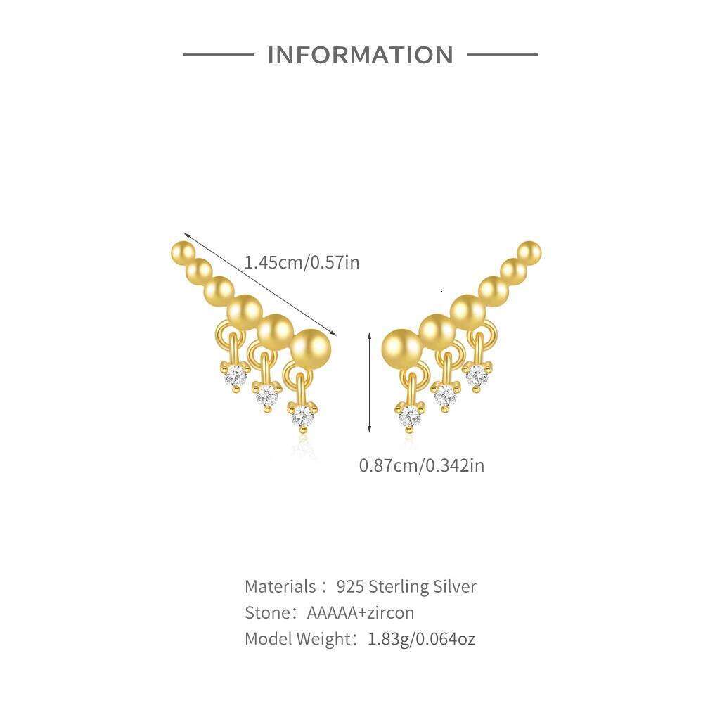 Aide 925 Sterling Silver Beading With Small Zirconia Pendient Piercing Stud Earrings For Women 18K Gold Simple Elegant Jewelry