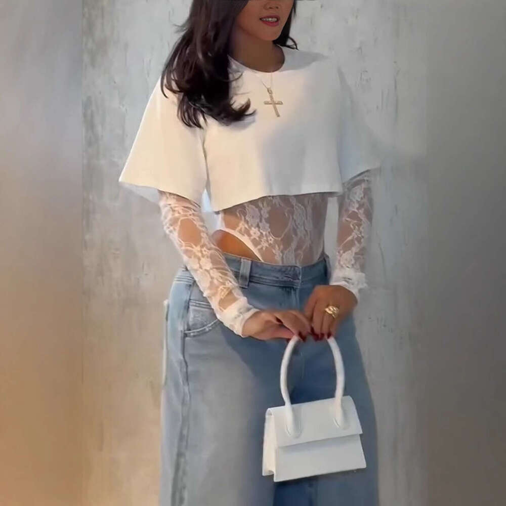 Lace T-Shirt Jumpsuit Round Neck Long Sleeve Irregular Top Summer Fashion Women's Streetwear True Two