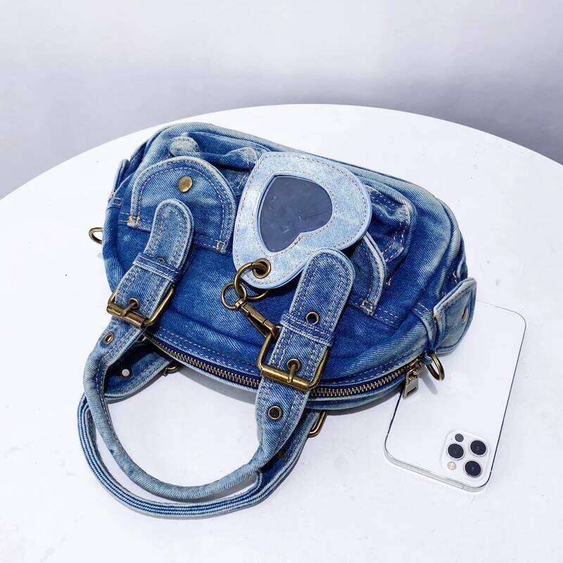 Korean Casual Denim Bowling Bags For Women Luxury Designer Handbag And Purses 2025 New In Vintage Washing Process Small Shoulder