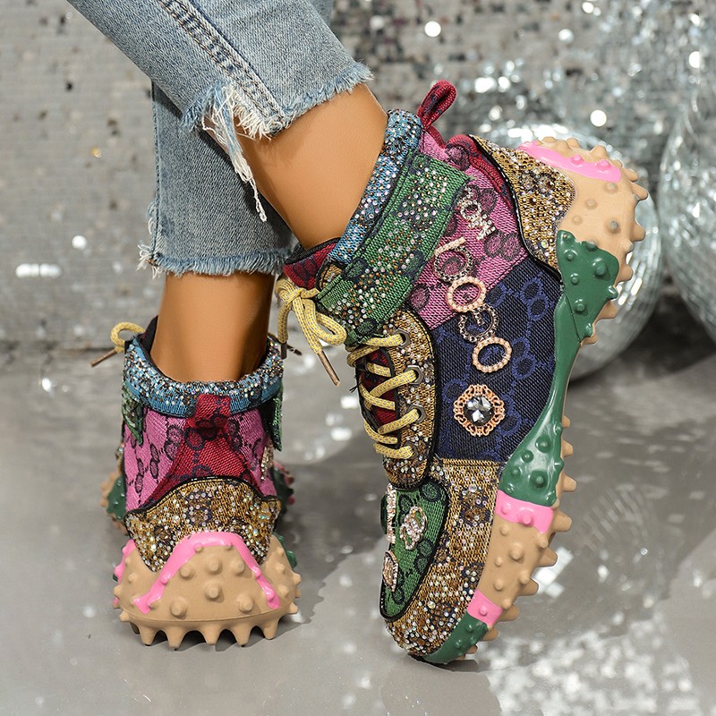 Women's Fashion Shoes Rhinestones Diamonds Embellished Luxury Shoes Rhinestones Designer Sneakers Thick Bottom Non Slip Running Shoes Zapatillas 