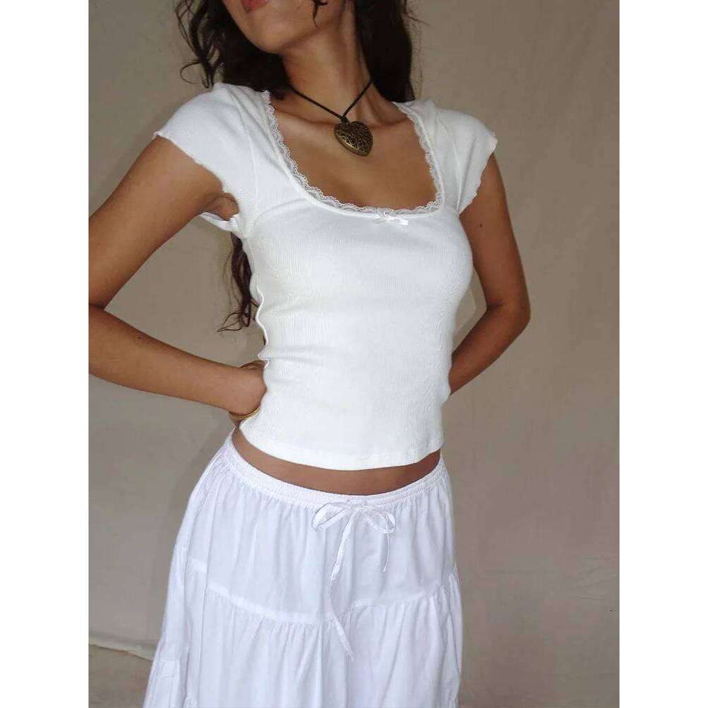 y2k Vintage Baby Cottage Lace Trim Knitted T-Shirt Summer Square Neck Short Sleeve Tee Shirt Women White Milkmaid Crop Top