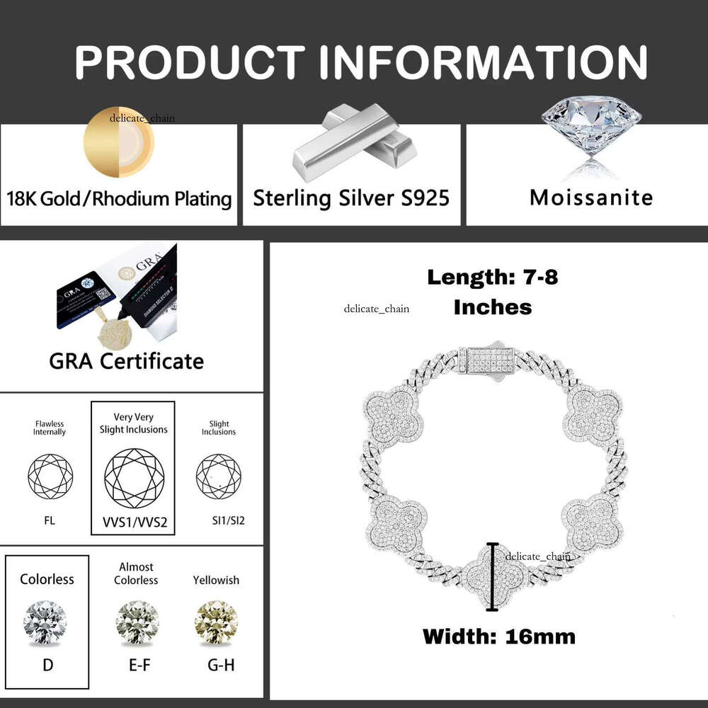 Fashion 16mm Clover Bracelet Full Diamond VVS D Moissanite 925 Sterling Silver Bangle Iced Out Hip Hop Jewelry