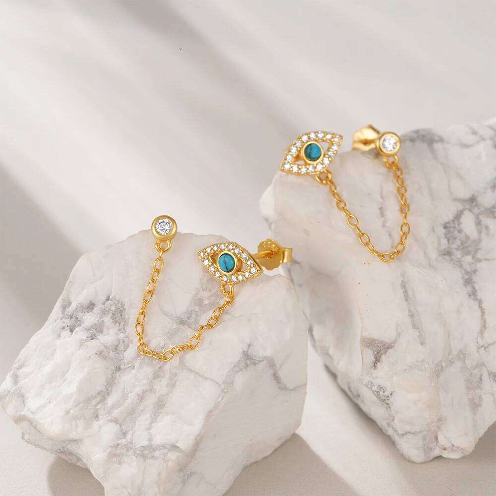 Aide 1 Pair 925 Sterling Silver Retro Turquoise Zircon Evil Eye Earrings For Women Two Studs Chain Cartilage Piercing Jewelry
