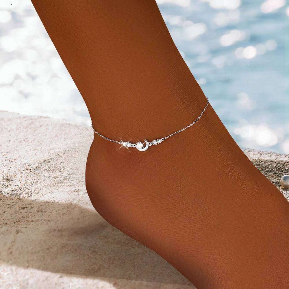 Aide 925 Sterling Silver Shiny Heart Star Inlaid Zircon Anklets For Women 18K Gold Plated Bohemian Fine Jewelry Beach Party Gift