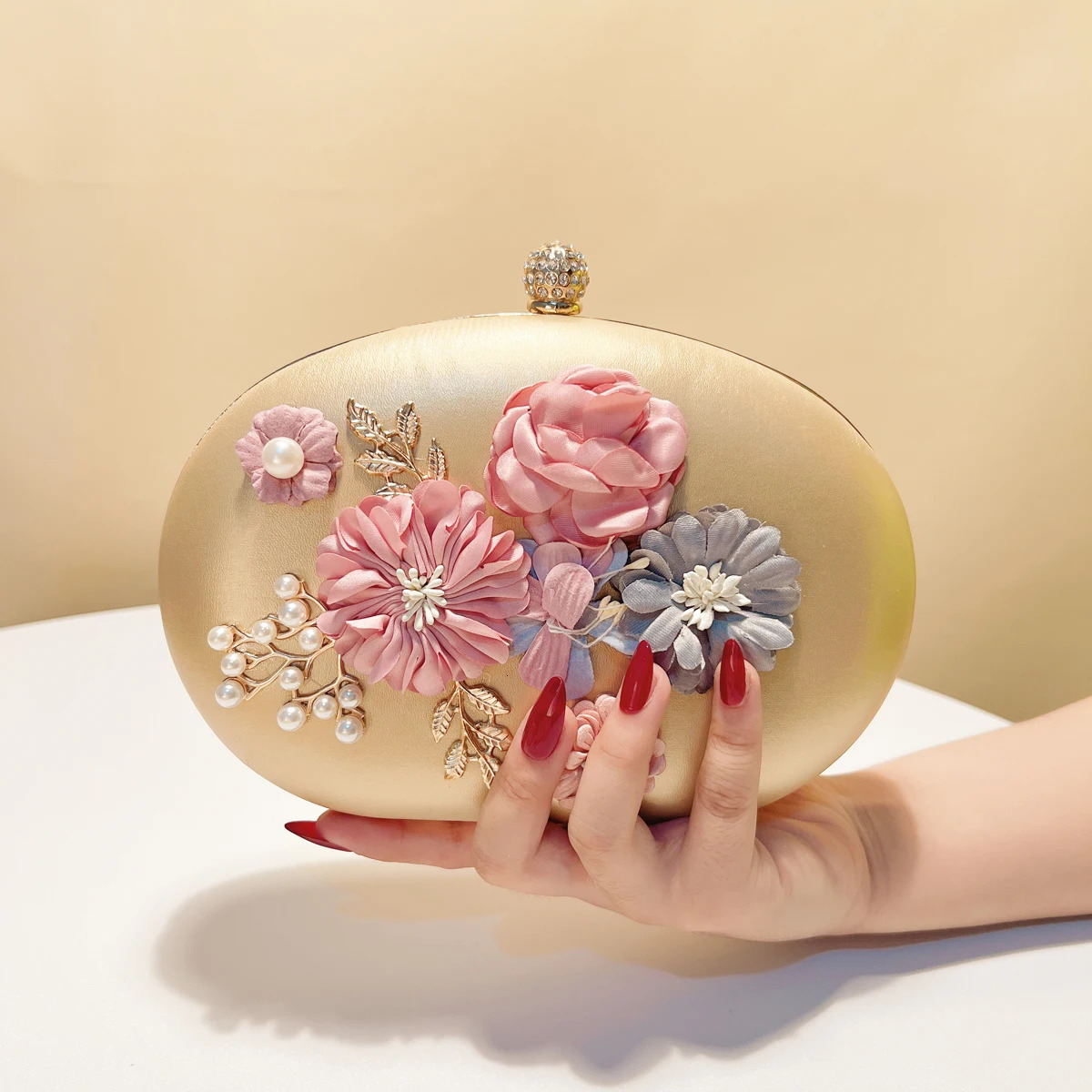 Flower Evening Bags Pink Color Women Small Clutch Purse With Chain Shoulder Flap Diamonds Beading Box 251231