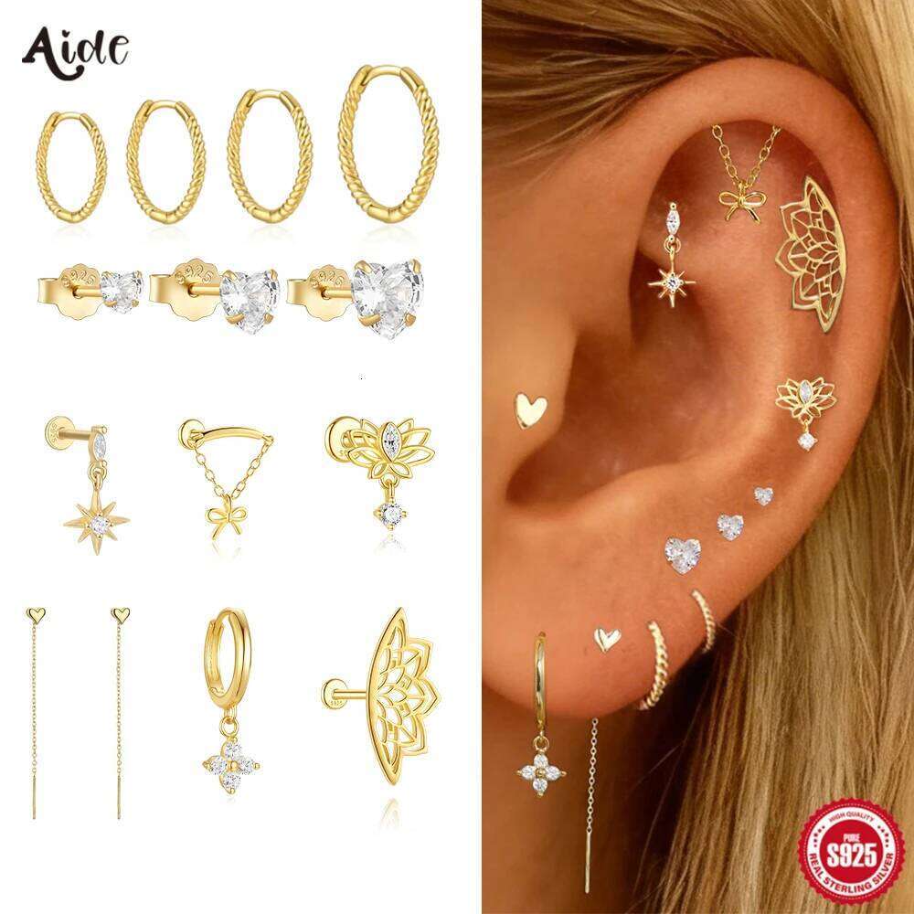 Aide 925 Sterling Silver Hollow-out Lotus Star Heart Zircon Ear Studs&Hoops Multi-Style Piercing Valentine's Day Confession Gift