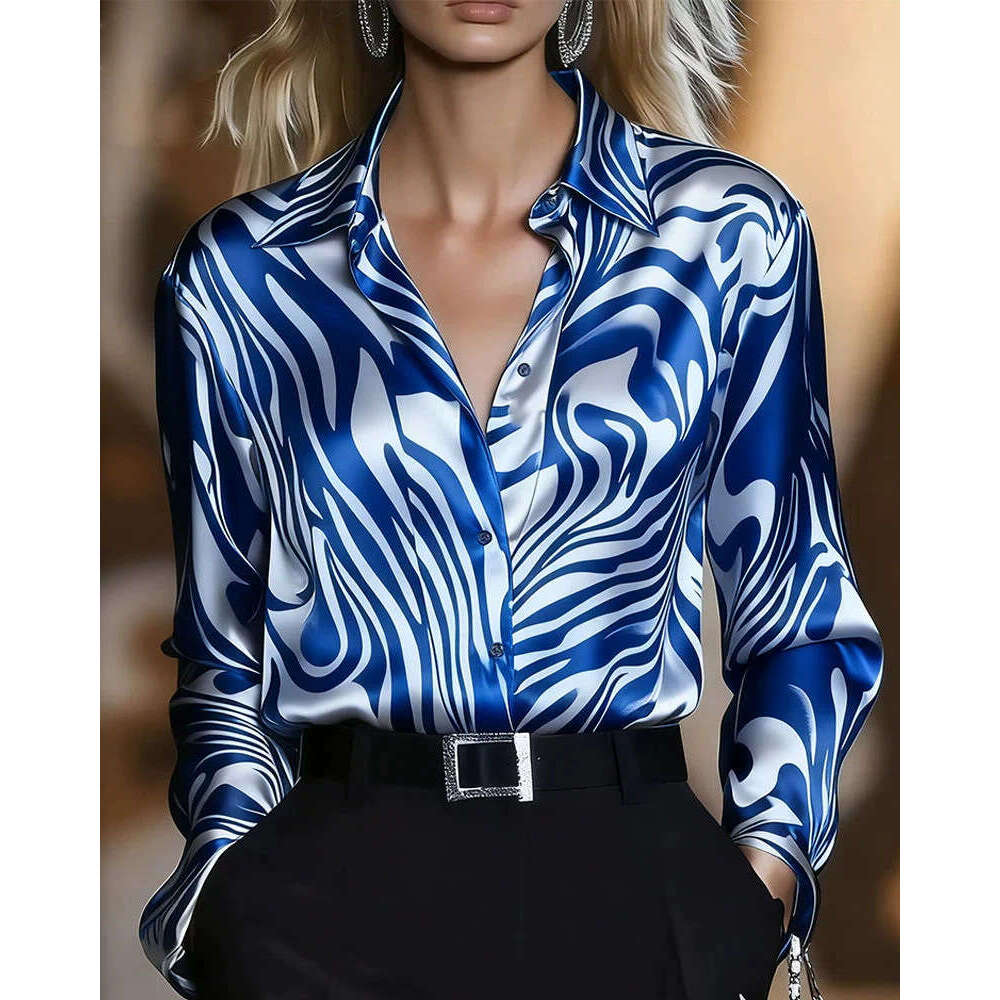 2026 New European and American Cross-Border Women's Fashion Abstract Animal Print Satin Commuter Elegant Slim Fit Long Sleeve Shirt